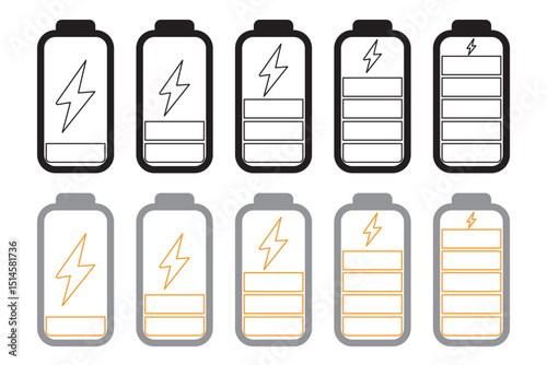 Battery charge many color flat icons. Battery charging, charge indicator. Vector battery power icon powerfully charged. Vector illustration
