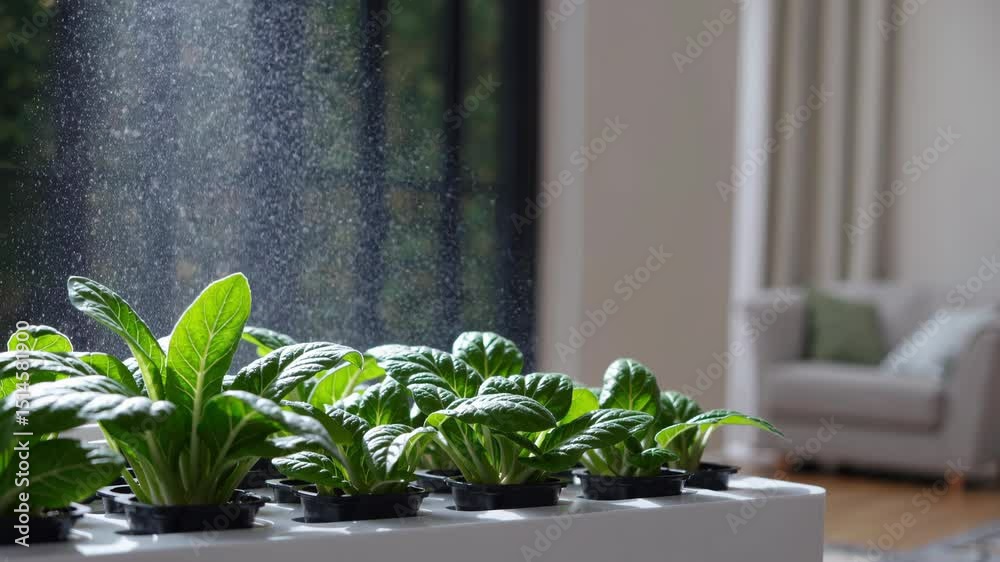 Modern home interior featuring vertical hydroponic garden, automatically watering bok choy plants for optimal growth and nutrition