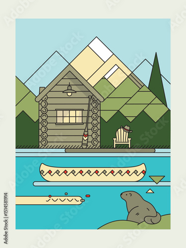 Illustration vectorielle de la nature sauvage canadienne, cabane en bois, lac paisible, forêt de pins, montagnes, canoë traditionnel, adirondack, chapeau de cowboy, paggaie
