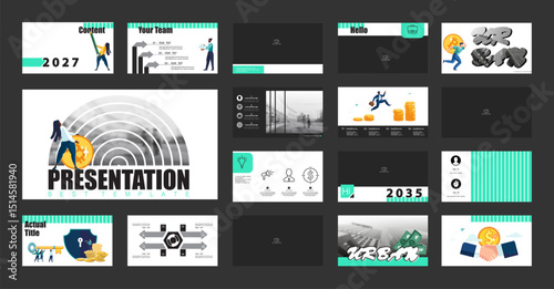 Set, powerpoint, business presentation, monetary and financial circulation, gold coins dollar and bitcoin. Infographic design, yellow black element. Team of people creates business.Vector illustration