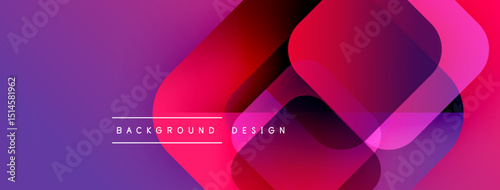 Abstract vibrant background. Overlapping rounded squares create dynamic visual effect. Purple, pink, red hues dominate composition. Modern design element.