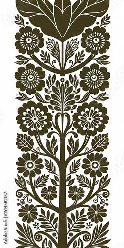 Floral design, dark olive green and white, folk art style, vertical pattern
