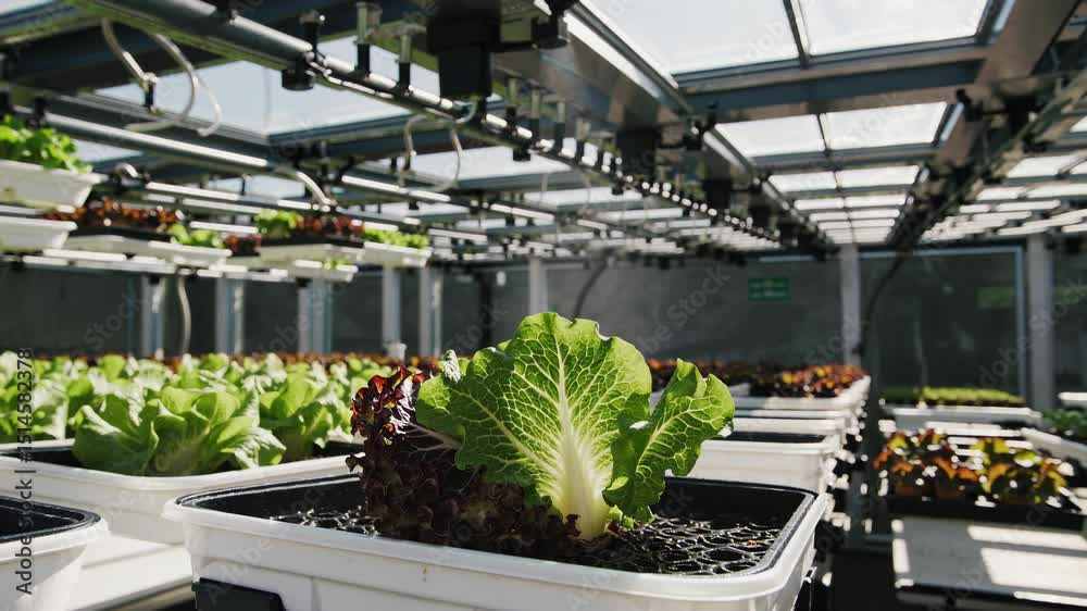 Hydroponic greenhouse technology nurturing lettuce plants, controlling water, nutrients, and environmental parameters for efficient vertical farming and sustainable crop production