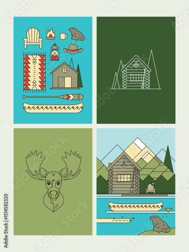Illustration vectorielle de la nature sauvage canadienne, cabane en bois, lac paisible, forêt de pins, montagnes. Ccanoë traditionnel,