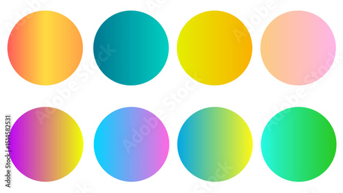 Set of eight gradient pallet color abstract circles with vibrant summer colors swatches set. Perfect for editing purpose, or backgrounds, logos, web elements, summer design, backdrop, modern designs.