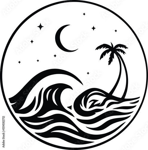 Black and white vector illustration of a crescent moon and twinkling stars above rolling ocean waves with a curved palm tree, enclosed within a circular frame, designed in a minimalistic style to symb