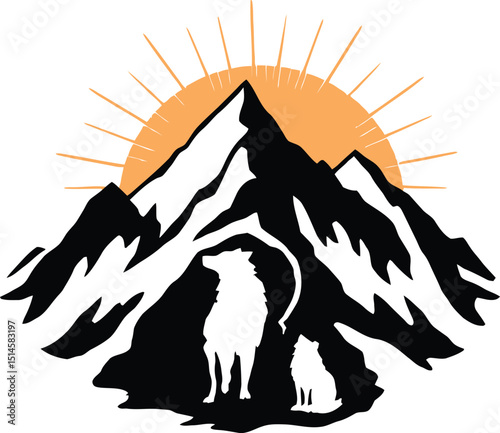 Black and white vector illustration of a majestic mountain landscape with a rising or setting sun, featuring two silhouetted animals—a dog and a cat—peacefully sitting in the foreground, designed in a