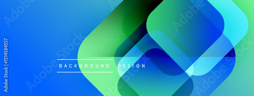Abstract geometric shapes overlap, creating vibrant blue, green gradients. Modern design element for backgrounds, presentations. Smooth transitions visible.