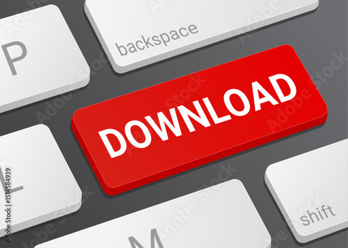 Close Up Download Button on Laptop or Computer Keyboard for File Transfer, Data Saving, and 3D Technology Illustration