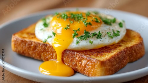 Egg on Toast: A perfectly cooked egg with a runny yolk rests atop golden-brown toast, garnished with fresh herbs, creating a delectable breakfast scene. 
