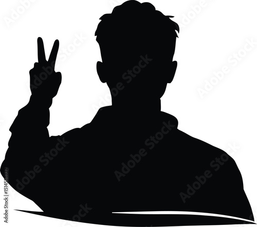 Black and white vector illustration of a person holding up a peace sign with one hand, featuring a simplified silhouette design with short hair and forward-facing posture, created in a minimalistic 