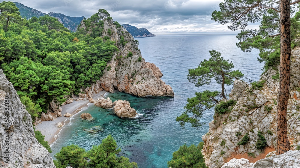 Fototapeta premium Stunning Coastal Cove Turquoise Water Secluded Beach Rocky Cliffs Green Pines