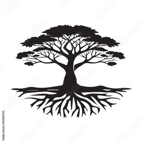 Black silhouette of african acacia tree with spreading branches and root system nature symbol