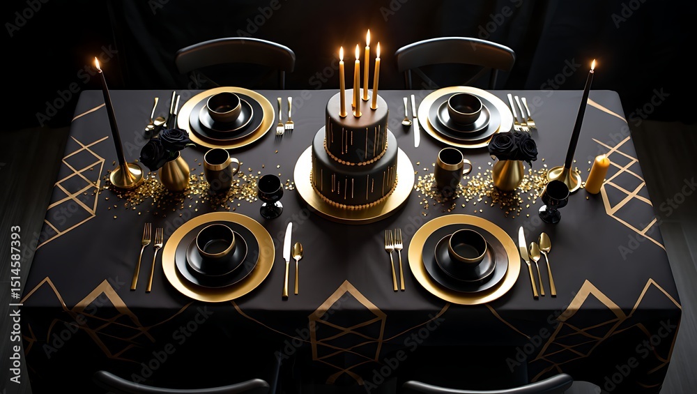 Fototapeta premium Elegant black and gold birthday dinner table setting