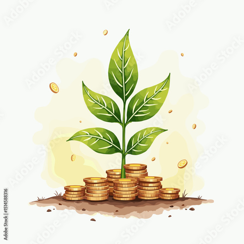 Green plant growing from a pile of gold coins on a light background  