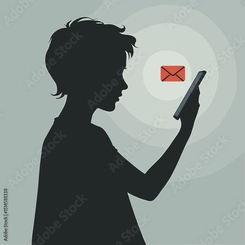 Boy silhouette checking phone with email notification at night  
