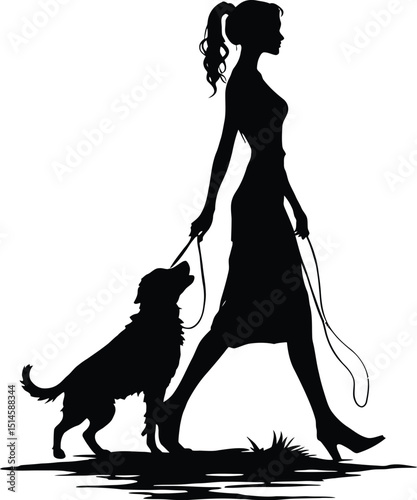 Black and white vector illustration of a person walking a dog on a leash, depicted in a silhouette style with dynamic movement, designed in a minimalistic style to symbolize companionship, pet care, 