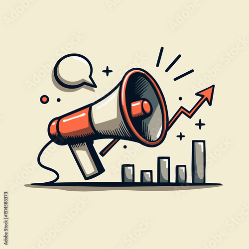 Megaphone with upward trend graph and speech bubble illustration  