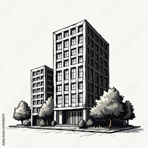 Modern building illustration with trees in urban setting  
