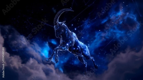 Capricorn is represented by dots of stars connected by lines in the outline of Capricorn, visible against the background of a deep dark sky photo