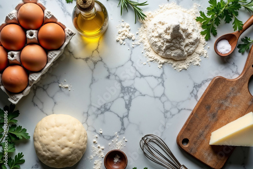 Baking Ingredients - Eggs, Flour, Olive Oil on Marble photo