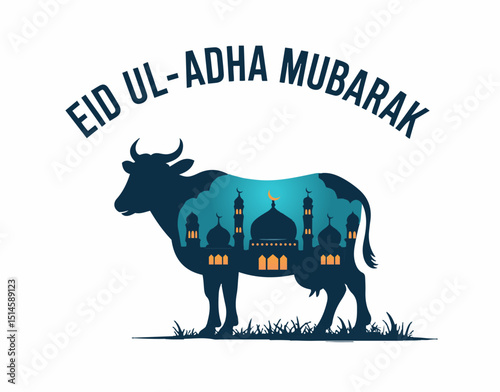 Eid Ul-Adha Blessing: A cow silhouette revealing a glowing mosque skyline, reflecting the sacred spirit of sacrifice, unity, and celebration