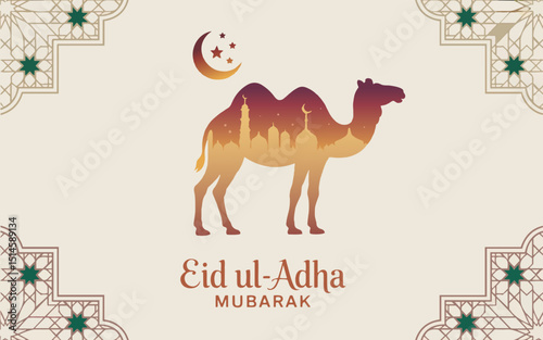 Eid ul-Adha Spirit: A majestic camel silhouette reveals a golden mosque skyline beneath a crescent moon. This elegant design radiates warmth and reverence, celebrating the sacred joy of Eid ul-Adha