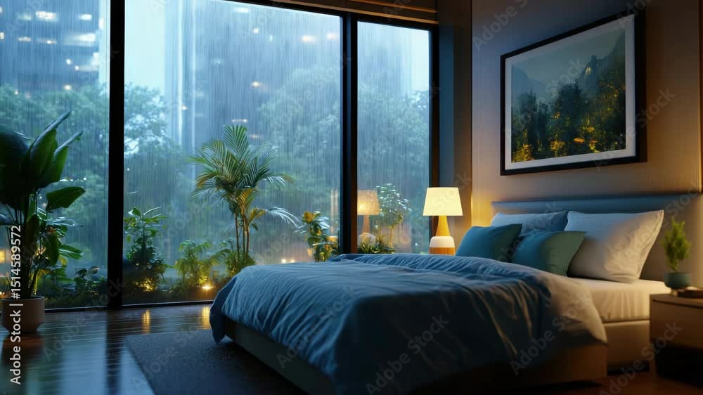 A cozy bedroom at night with a large bed, dim lighting from lamps and a panoramic window with a rainy cityscape and greenery