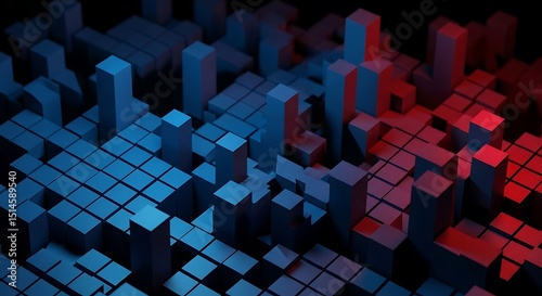 Abstract 3D Block Landscape in Blue and Red