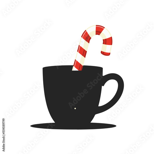 Black cup with a candy cane resting on a saucer  