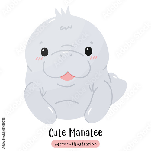 Cute Manatee Sea cow kawaii dugong cartoon ocean animal vector illustration