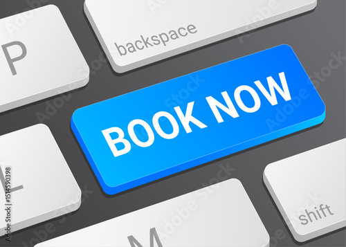Close Up Book Now Button on Laptop or Computer Keyboard for Reservation, Online Booking, and 3D Travel Illustration