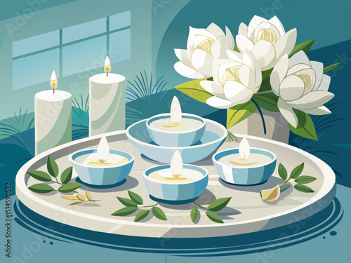 vector of White tray with white flowers, white interior decoration with white candles...