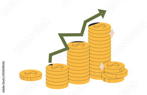 Economic growth and recovery, rising coin stacks, green arrow indicating profit, financial success, market improvement, investment gain, positive trend, inflation control flat vector illustration.