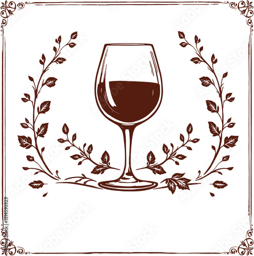Monochromatic brown vector illustration of a wine glass filled with wine, elegantly framed by symmetrical vine-like designs with decorative leaves, designed in a vintage style to symbolize fine wine, 