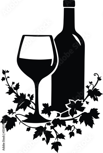 Black and white vector illustration of a wine bottle alongside a filled wine glass, surrounded by grapevine leaves and decorative tendrils, designed in a minimalistic style to symbolize viticulture, 