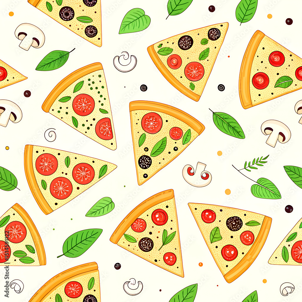 Seamless repeating pattern of mini pizza slices with pepperoni, mushrooms, olives, and basil in colorful grid