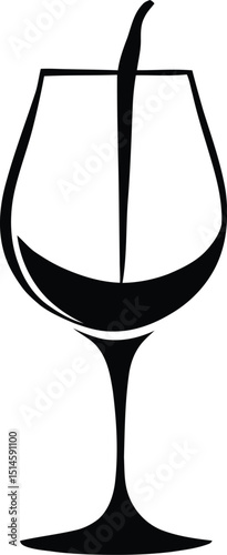 Black and white vector illustration of a wine glass filled halfway with liquid, featuring a straw inserted into the glass, designed in a minimalistic style to symbolize casual drinking, modern beverag