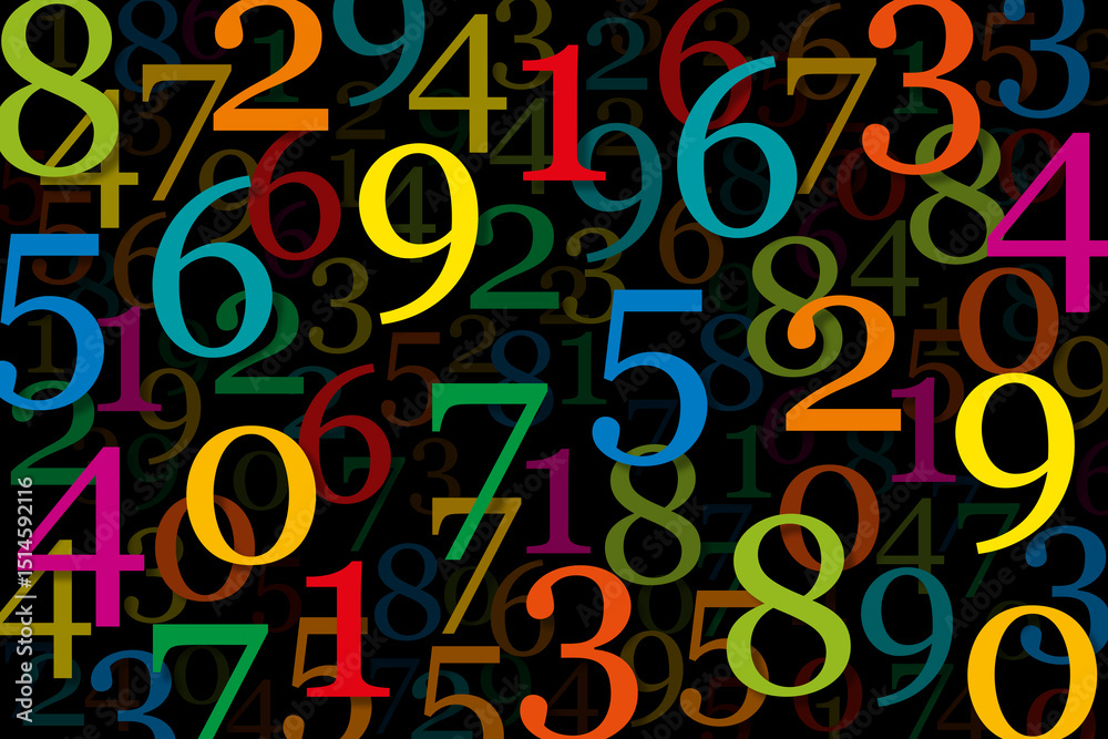 Colorful numerals, randomly distributed against black background. Dynamic pattern, composed of overlapping numbers from zero to nine. Visual effect and symbol for the playful handling of many numbers. Colorful numerals, randomly distributed against black background. Dynamic pattern, composed of overlapping numbers from zero to nine. Visual effect and symbol for the playful handling of many numbers.