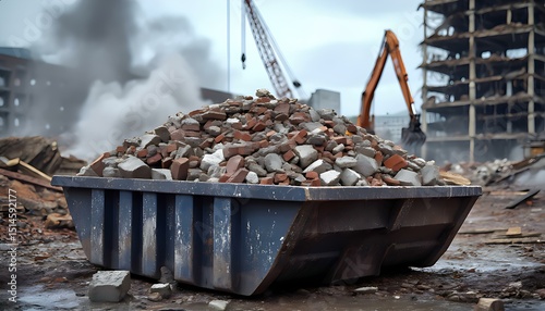 A large recycling container filled with mixed construction debris, including wood, metal, and concrete, at a building site