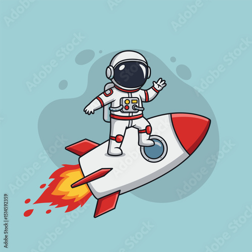A playful cartoon astronaut standing confidently and surfing on a flying rocket
