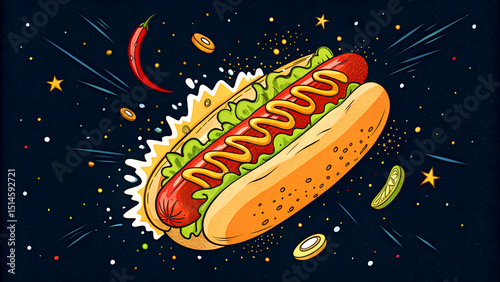 Exaggerated cartoon hot dog with toppings floating on black background
