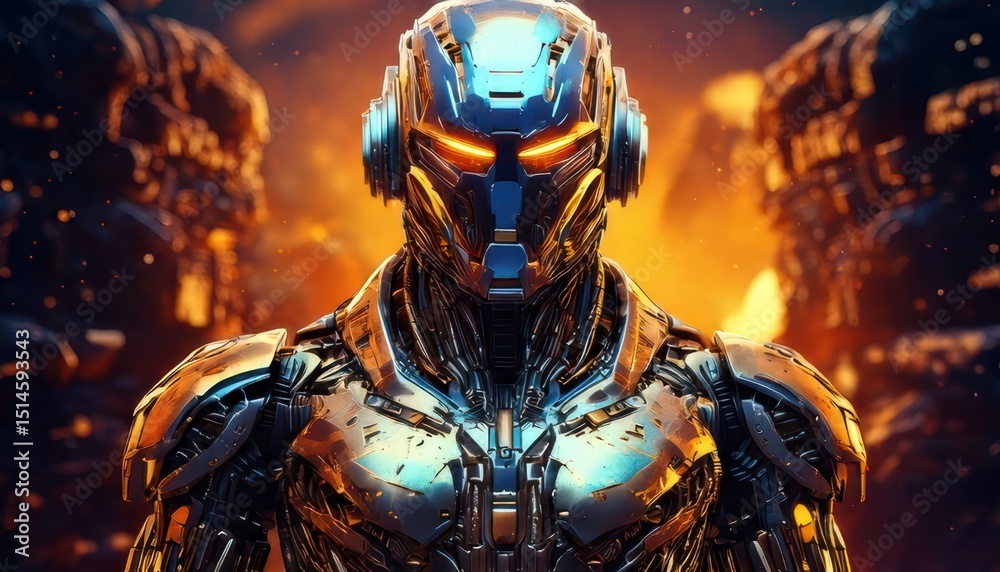 Fototapeta premium A futuristic robot with glowing orange eyes stands against a fiery, industrial background, radiating power and advanced technology.