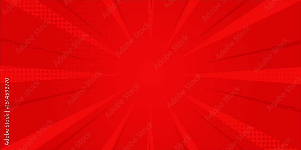Naklejka premium Red comic sunburst effect background with halftone. pop art comic-style vector background