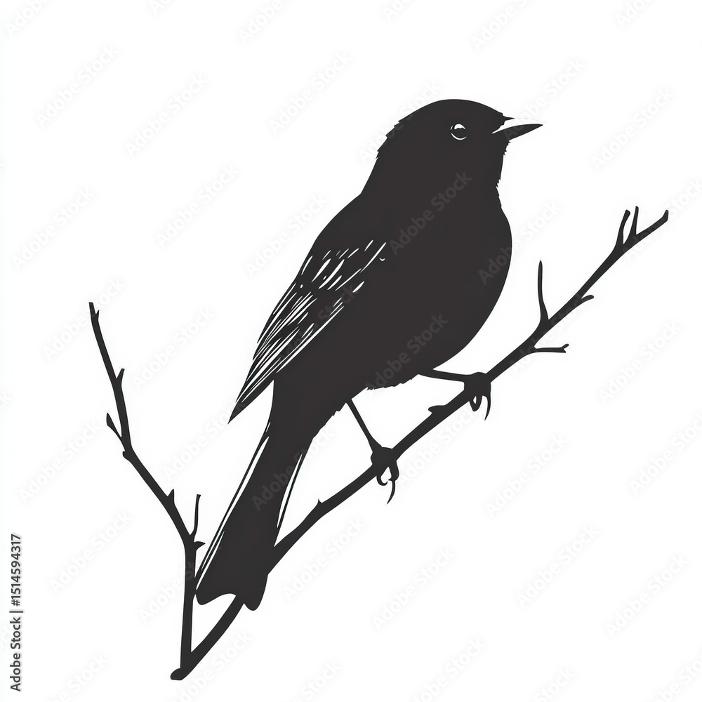 Fototapeta premium bird branch silhouette , black and white illustration isolated on white background