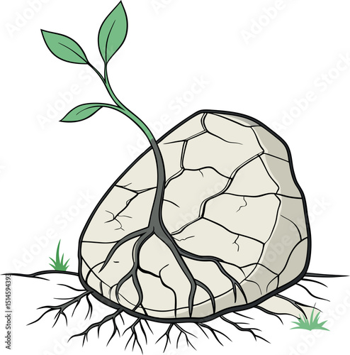 Cracked Stone with Growing Sprout Vector