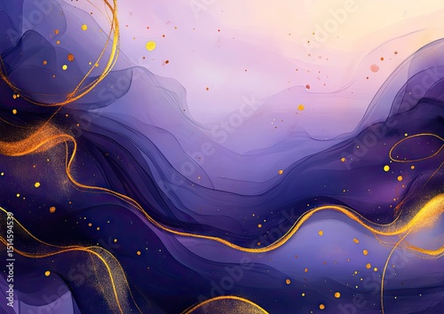 Abstract artwork with flowing, purple and violet hues and gold accents.