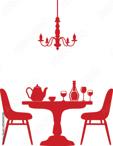Red silhouette vector illustration of a dining arrangement featuring a chandelier above a table with a teapot, cup, bottle, and glasses, flanked by two chairs, designed in a minimalistic style to symb