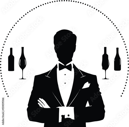 Black and white vector illustration of a formally dressed person in a tuxedo with a bow tie, standing with arms crossed, surrounded by two wine bottles and two wine glasses, enclosed within a dotted s