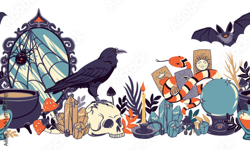 Seamless horizontal pattern with witch objects. Concept witchcraft, astrological, esoteric. Vector border with mirror, cauldron, skull, potion, raven, snake, crystal, fortune-telling ball.